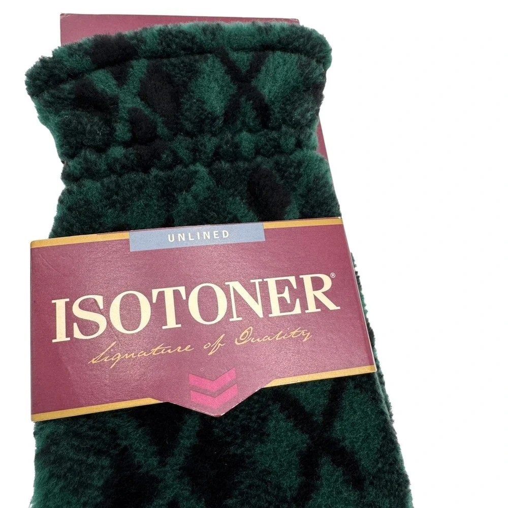 Isotoner Fleece Mittens One Size Evergreen Green Black Argyle Plush VTG 90s NEW - Picture 3 of 9